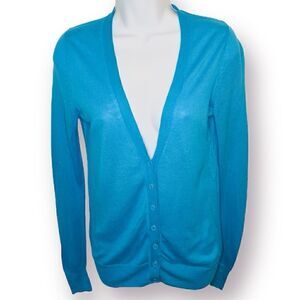 GAP Classic Longline Solid Color VNeck Cardigan Sweater Button Surf Pipe Blue XS